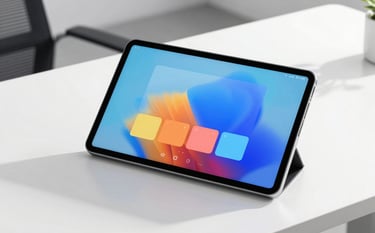 A high-end Android tablet resting on a clean, modern white desk in a bright North American / International office. The screen displays a vibrant, intuitive interface with colorful drawing tools and Sky Blue accents. Sophisticated natural lighting highlights the sleek hardware design.