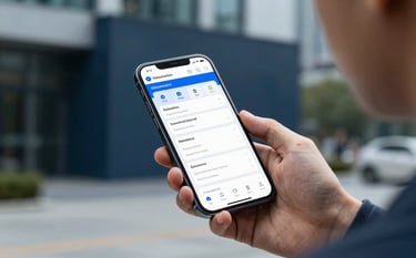 A focused individual in a modern North American / International setting, using a sleek smartphone to navigate a complex educational dashboard. The lighting is crisp and efficient, with a palette featuring Steel Blue and Dark Navy tones in the background architecture.