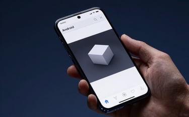 Close-up photography of a hand holding a high-performance Android smartphone. The screen shows a sophisticated 3D modeling application with clean lines. Dark Navy and Steel Blue studio lighting creates a professional, forward-thinking mood. North American / International context.