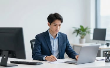 A professional and sophisticated office setting with a focused business professional working at a clean desk. The atmosphere is modern and efficient, incorporating the brand colors #1A2A3A and #B0C4D4 through decor and soft lighting.