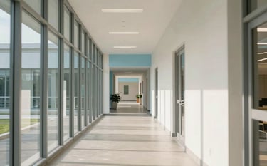 A brightly lit, modern American educational corridor with glass walls and clean architecture. The composition emphasizes clarity and a professional atmosphere, with natural light catching the pale off-white walls and light sky blue accents.