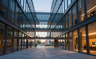 A wide shot of a modern public building atrium in Northern Europe, reflecting transparency and open governance, high ceilings, clean lines, professional Dutch setting, soft morning light, featuring Deep City Blue and Warm Orange tones.