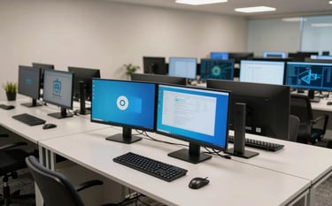 An expansive, clean workspace showing a sleek computer setup with multiple monitors in a South American / Brazilian technology park office. The environment is calm, featuring light blue and off-white color tones, symbolizing dedicated and expansive reach. Cinematic, high-resolution photography.