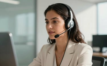 A focused South American / Brazilian woman wearing a professional silver headset, speaking calmly in a bright, modern minimalist office space. The background features soft teal and off-white accents, conveying professional reliability and a supportive atmosphere. High-end photography with natural morning light.