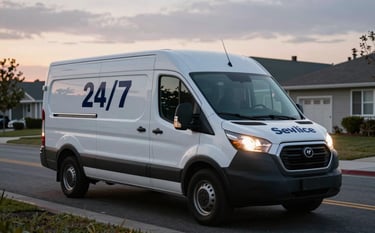 A professional white service van with dark navy branding parked on a North American / US residential street at dusk, headlights glowing to signify 24/7 service. Sky mist and soft cloud horizon.