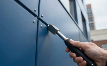 A focused close-up of a professional applicator tool being used with precision along the base of a modern steel blue commercial building in a North American / US city. Bright, reliable, professional atmosphere.