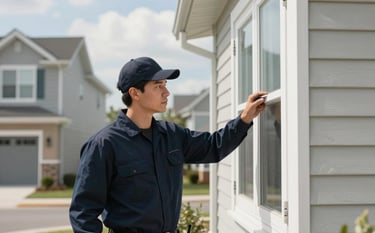 A professional pest control technician in a clean dark navy uniform inspecting a modern North American / US suburban home's exterior on a bright day. The composition is clean and modern with soft cloud lighting.