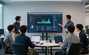 A group of software engineers collaborating around a large screen in a sleek North American / US tech hub. The scene incorporates dark navy furniture and pale blue ambient lighting, reflecting a focused and innovative development environment.