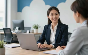 A professional talent recruiter in a modern North American / US office setting, interviewing a candidate via a clean laptop setup. The background features steel blue and cloud white office accents, with natural sunlight creating a bright, efficient atmosphere.