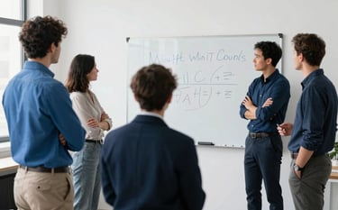 A creative marketing strategy session in a bright, modern North American / US studio. Professionals are brainstorming with a white board in the background. The color palette features pops of steel blue and dark navy against cloud white walls.