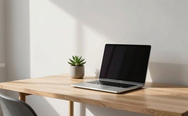 A wide-angle, bright photograph of a minimalist home office desk. A sleek silver laptop sits next to a small succulent in a muted gray pot on a light wood surface. The background is a clean, off-white wall with soft natural light streaming in from the side.