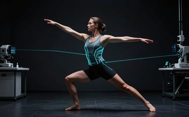 High-end minimalist photography of an elite athlete performing a controlled movement in a dark, futuristic biomechanical laboratory. Thin electric cyan diagnostic lines are projected across the subject. Precision lighting, sleek black environment, North American / International context.