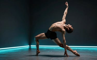 A professional contemporary dancer in a high-precision pose within a sleek, minimalist dark studio. Electric cyan light strips on the floor accentuate the geometry of the body. Sophisticated, high-contrast photography, North American / International.