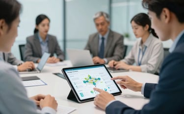 Strategic innovation. A modern boardroom setting where experts are reviewing energy infrastructure blueprints and digital data on a large tablet. Soft, professional lighting. The scene uses a palette of #2C5D6C and #F7FBFD, projecting a trustworthy and forward-thinking consulting environment.