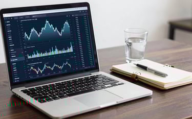 Unwavering reliability. A close-up of a high-end laptop display showing complex financial data and energy market graphs. Beside it sits a leather-bound planner and a glass of water on a polished dark wood desk. Colors: #0B1A2A and #A8C6CF dominate, suggesting precision and fiscal mastery.