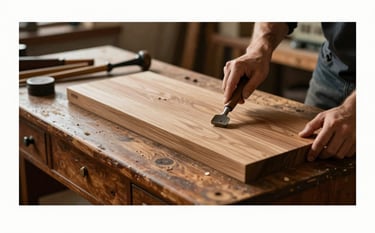 Pedaço de pinho de riga sendo trabalhado antes de se transformar em uma bandeja