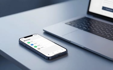 A sophisticated minimalist office desk. A modern smartphone sits next to a designer laptop, displaying a clean WhatsApp CRM dashboard with automation icons. The lighting is crisp and cool, featuring deep blues and professional tones matching IVRON's palette. No people, focus on the interface and technology.