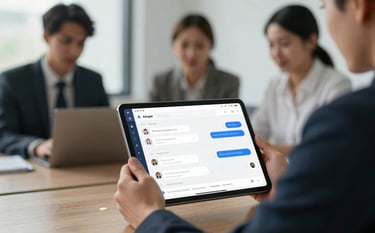 A professional business environment. Three blurred figures in the background represent a team, while the foreground focus is a tablet showing a multi-agent dashboard with chat assignments. Professional lighting with subtle gold reflections. Sophisticated and efficient vibe.
