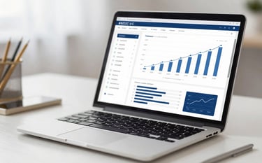 Close-up of an elegant professional workspace with a high-end laptop. The screen displays data analytics and growth charts. Subtle bokeh background. Brand colors #0E2C4F and white dominate the scene with a hint of gold in the stationery.