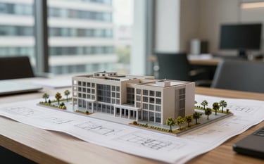 A close-up of a high-end architectural model and blueprints on a wooden desk in a professional real estate office, with a blurred view of a modern building facade outside the window, soft daylight, professional and trustworthy atmosphere.