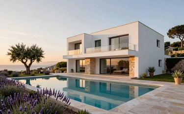 Luxurious contemporary villa in a Portuguese coastal town, white architectural lines with stone accents, an infinity pool reflecting the golden hour sky, manicured garden with lavender and olive trees, professional architectural photography.