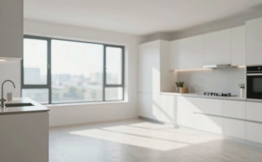 A pristine, empty kitchen and living area in a luxury apartment, showing the results of a professional end-of-lease clean. Surfaces are gleaming, windows are crystal clear, and the atmosphere is fresh. The lighting is bright and airy. Natural tones are complemented by professional accents in #3A6B6C.