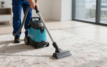 A high-angle shot of a professional cleaning technician using industrial steam cleaning equipment on a plush carpet in a modern, sunlit Melbourne apartment. The scene is clean and professional, with a focus on the efficiency of the equipment. Subtle brand colors #1C3A3B and #3A6B6C are present in the technician's uniform and gear.