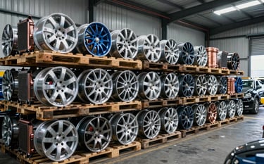 An organized North American automotive salvage yard interior. Pallets of sorted aluminum rims and copper radiators are neatly stacked in a modern, robust warehouse. The lighting is bright and industrial, emphasizing reliability and order with midnight blue and silver tones.