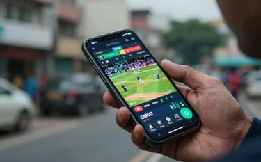 Close up photography of a person's hand holding a sleek smartphone showing a colorful sports dashboard with live odds, at a cricket match in a South Asian / Indian city, teal and navy lighting accents.