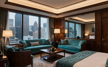 A high-end, luxury hotel room interior in a metropolitan South Asian city, featuring elegant dark wood furniture and soft evening lighting with teal accents, professional photography.
