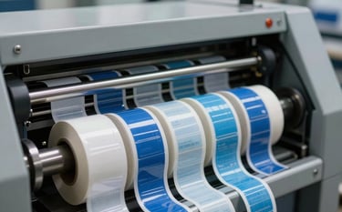 A close-up photograph of a high-speed label printing machine in operation. Rolls of glossy adhesive labels featuring steel blue and ice blue branding are being processed. Clean, professional industrial environment with sharp focus.