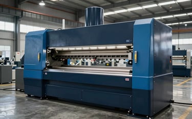 A wide shot of a modern manufacturing facility showing a heavy-duty industrial punching machine. The floor is polished concrete. The machine is dark navy blue with steel blue highlights. Professional industrial lighting.