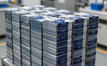 A stack of premium, custom-printed folding cartons for retail, neatly arranged in a modern factory setting. The lighting is bright and clean, reflecting off the steel blue and dark navy blue ink on the packaging surfaces. Modern corporate style.