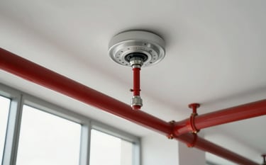 Detailed shot of a modern fire suppression system on a building ceiling, featuring red pipes and silver sprinkler heads. Bright natural lighting from high windows in a Southeast Asian corporate office. The composition is clean and focused on safety technology.