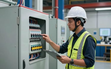 A professional Southeast Asian engineer wearing a safety vest and hard hat, inspecting a large industrial electrical control panel with various switches and wires. The setting is a clean, modern facility in Indonesia. Professional lighting with deep blue and crimson accents in the equipment background.