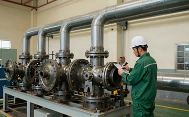 Wide shot of heavy mechanical machinery and large industrial pipes in a well-lit Southeast Asian manufacturing plant. A technician in a matte forest green uniform is performing a routine check. The scene feels solid, professional, and reliable with crisp parchment-colored walls.
