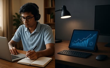 A split composition featuring a modern home workspace in India where a student is focused on digital learning, and a sleek office desk with a tablet showing AI data trends, high-tech and trustworthy.