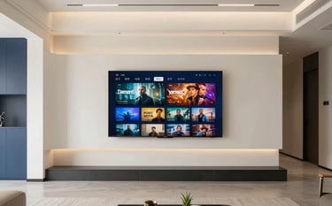 A wide-angle professional photograph of a premium, modern living room in a Global / Indian-influenced home. A large 4K television is mounted on a minimalist wall, displaying a vibrant movie menu. The lighting is soft and sophisticated, with off-white and deep blue accents.