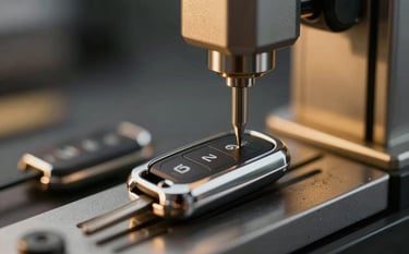 A close-up, high-detail shot of a professional car key cutting machine precisely carving a new modern key fob. The lighting is crisp and industrial with metallic reflections and warm gold #A87C3D accents in the background. Modern, premium automotive aesthetic.