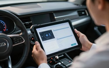 A specialized automotive technician's hand holding a high-tech diagnostic tablet connected to the OBDII port of a luxury car dashboard. The screen shows programming sequences. Professional, modern, and efficient mood with deep #1A1A1A shadows and soft #D4AF37 gold lighting.