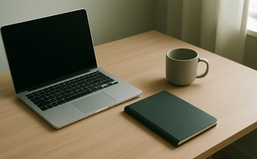 A high-angle professional photography shot of a minimalist wooden office desk. A sleek silver laptop sits next to a dark forest green notebook and a modern ceramic mug. Soft natural light flows from a window, creating a clean and efficient workspace atmosphere with soft off-white and pale sage accents.