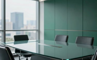Professional photography of a contemporary boardroom. A glass table reflects muted teal and dark forest green design elements. Large windows show a blurred city background. The lighting is bright and professional, emphasizing a modern and reliable business environment.