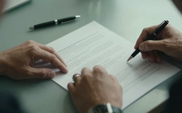 Close-up photography of professional hands reviewing a strategy document on a desk. A sleek pen lies nearby. The color palette includes soft gray-green and dark forest green tones, evoking trust and unwavering reliability.