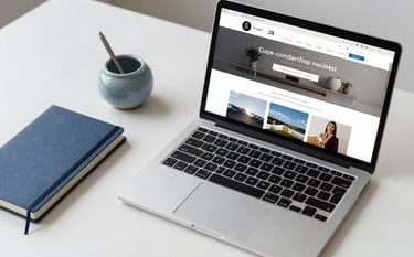 A crisp, high-angle shot of a sleek laptop on a clean white desk showing a modern website design. Beside it sits a slate blue notebook and a minimalist dusty steel blue ceramic pen holder.