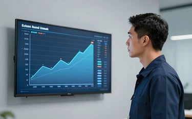 An empowering photograph of a local service professional looking confidently at a dashboard of rising lead graphs on a wall-mounted screen. The lighting is sophisticated, with deep navy blue and pale mist gray tones throughout the room.