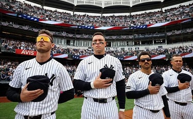 Bellinger, Judge, Grisham, Boone (left to right) during the Yankees home opener (April 3, 2026)