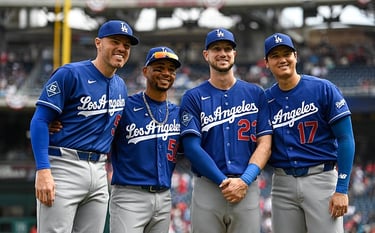 Freeman, Betts, Tucker, Ohtani (left to right) posing before the April 3, 2026 game on the road vs. the Washington Nationals