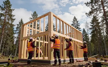 Wide shot photography, a professional construction team in safety gear assembling a high-quality wooden house frame under a bright sky in a Northern European / Finnish forest clearing. Dynamic composition, low angle to emphasize height and quality, vibrant safety orange details on gear, deep charcoal black shadows, soft cloud white sunlight.