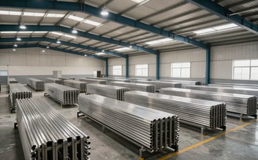 A wide-angle interior photograph of a massive, well-organized stainless steel warehouse in East Asia. The rows of steel are perfectly aligned, reflecting soft natural light from high skylights and clean LED lamps. The atmosphere is professional and orderly. Colors include off-white architectural elements, dark teal structural beams, and bright silver inventory. The setting conveys strength and efficiency.