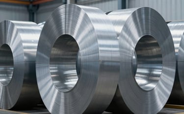 A close-up photograph of high-quality industrial stainless steel coils stacked in a modern, clean factory setting. The lighting is bright and cool, emphasizing the sharp, reflective textures of the metal. The composition is a low-angle perspective showing the scale of production. The palette features bright silver-gray metal, deep charcoal shadows, and light blue-gray tones in the background. Professional East Asian industrial facility.
